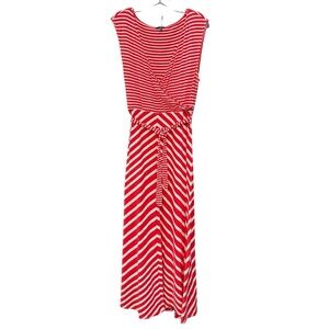 Talbots Red White Striped Maxi Dress Large L Sleeveless Belted Nautical